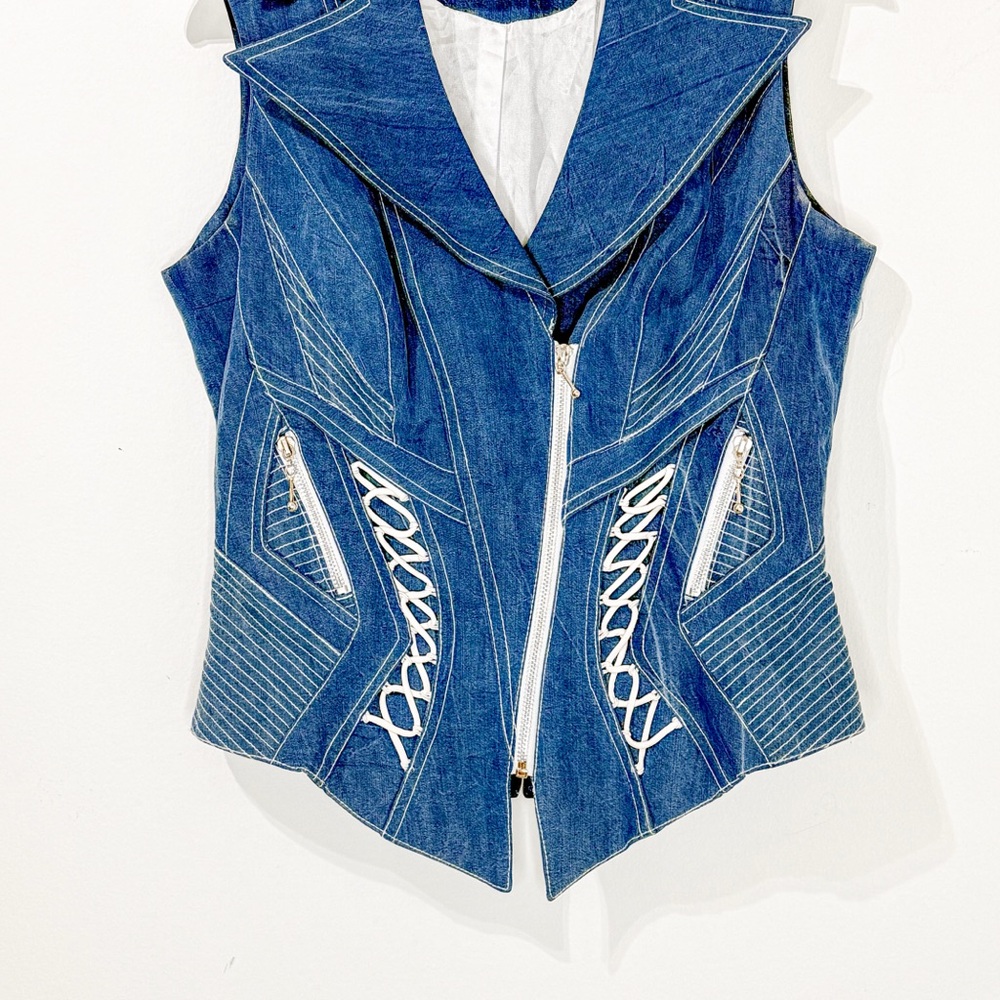 Vintage Cache Light Blue Denim Corset Vest Moto Style Zipped Y2K 100% Tencel - Picture 2 of 9